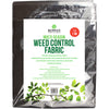 A product package for the Rowan Multi-Season Weed Control Fabric 1 X 1.5m. The package is black with a transparent section showcasing the fabric. Text on the package highlights product features, dimensions (1 x 1.5 meters), and benefits for soil moisture and plant growth, while leaf graphics embellish the lower section.
