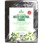 A product package for the Rowan Multi-Season Weed Control Fabric 1 X 1.5m. The package is black with a transparent section showcasing the fabric. Text on the package highlights product features, dimensions (1 x 1.5 meters), and benefits for soil moisture and plant growth, while leaf graphics embellish the lower section.