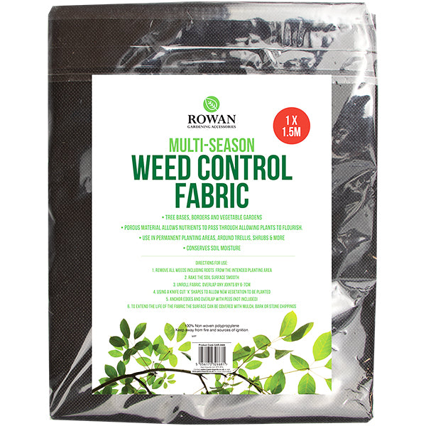 A product package for the Rowan Multi-Season Weed Control Fabric 1 X 1.5m. The package is black with a transparent section showcasing the fabric. Text on the package highlights product features, dimensions (1 x 1.5 meters), and benefits for soil moisture and plant growth, while leaf graphics embellish the lower section.