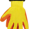 Displayed in packaging is a pair of Handy Homes Non-Slip Work Gloves, featuring a yellow fabric body with an orange rubberized coating on the fingers and palm. The packaging, which highlights the brand name, emphasizes the gloves' suitability for both DIY tasks and industrial work.