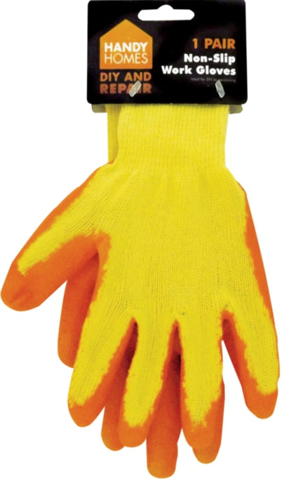 Displayed in packaging is a pair of Handy Homes Non-Slip Work Gloves, featuring a yellow fabric body with an orange rubberized coating on the fingers and palm. The packaging, which highlights the brand name, emphasizes the gloves' suitability for both DIY tasks and industrial work.