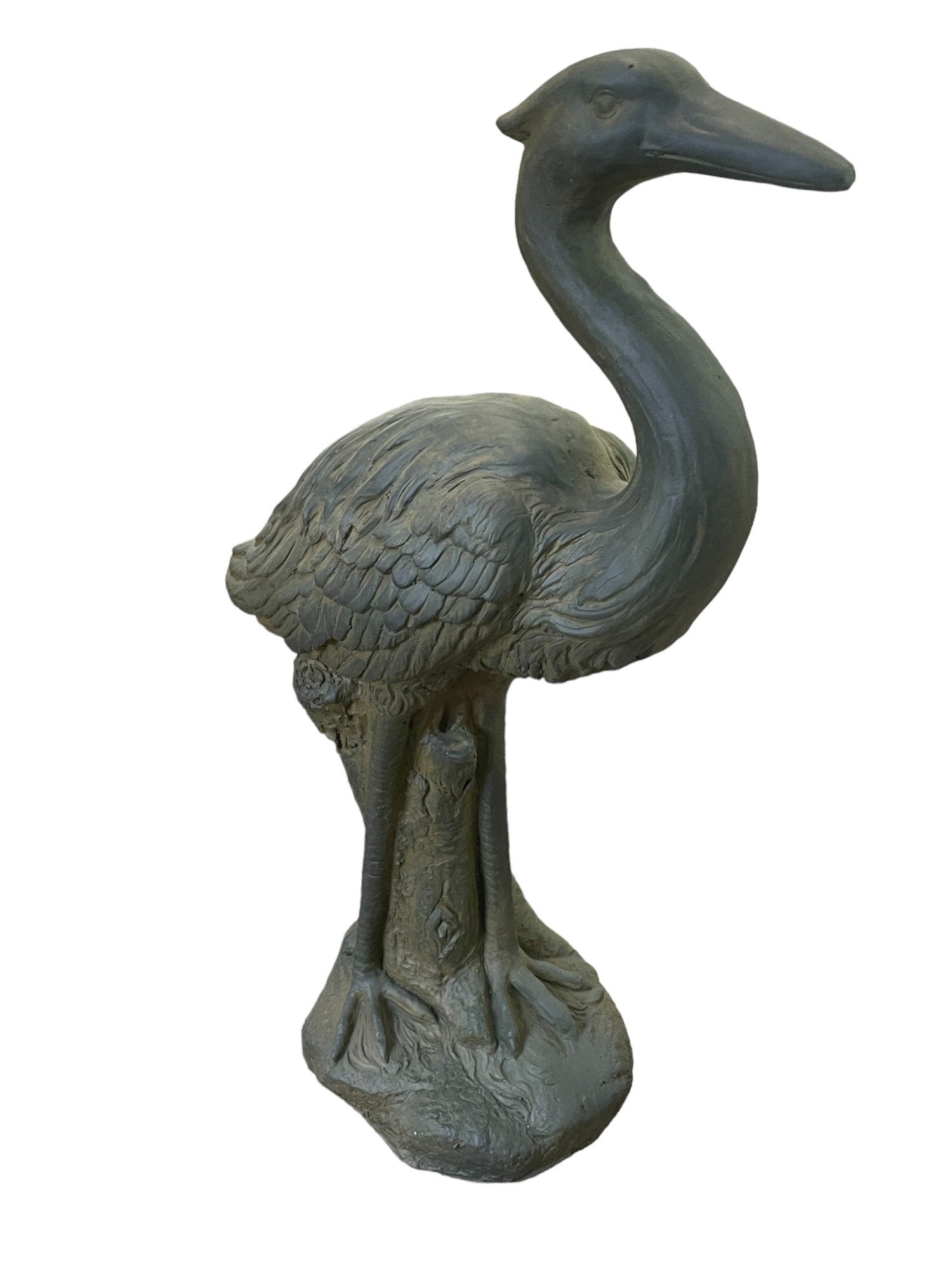 Introducing the Stone Effect Grey Heron Statue—a stunning sculpture ideal for garden decor. This statue beautifully captures a heron standing on a textured base, with intricate feather details and a slightly curved neck, its beak pointing forward. The heron stands gracefully, supported by an artistic representation of a tree trunk, making it perfect for outdoor display.