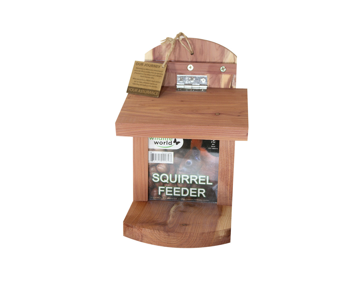 The Wildlife World Squirrel Feeder is a wooden feeder crafted from FSC-certified timber, featuring a front compartment for food. It has a small wooden roof and a clear panel displaying the label "Squirrel Feeder." A hanging tag with instructions is attached to the top.