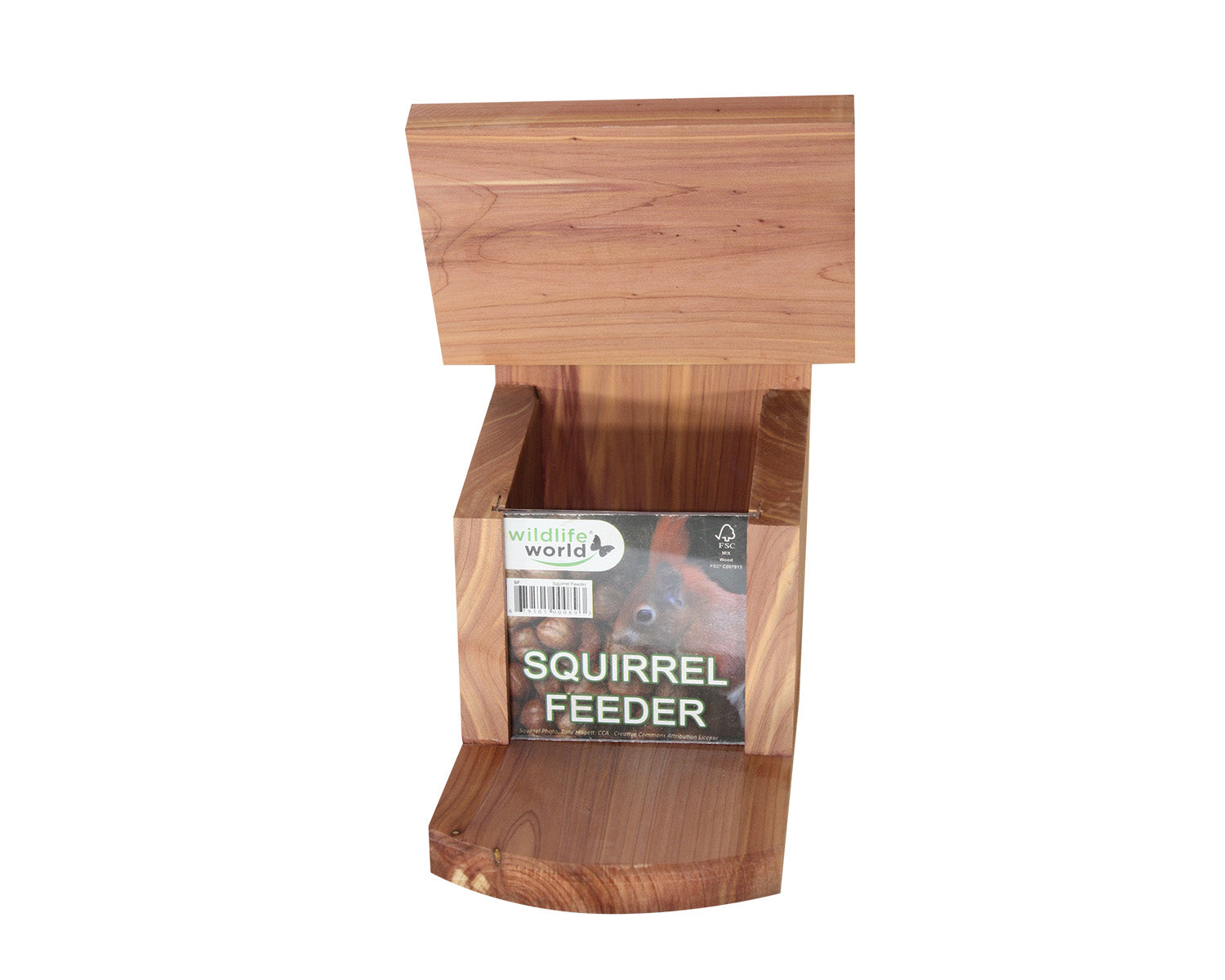 The Wildlife World Squirrel Feeder is crafted from FSC-certified timber and features a hinged lid and a platform for squirrels to stand on. The front of the feeder displays the label "Wildlife World Squirrel Feeder." Designed to hold food, it serves as an ideal peanut hopper for your local wildlife.