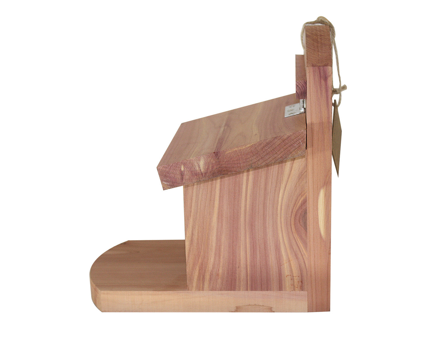 A side view of the Wildlife World Squirrel Feeder, crafted from FSC-certified timber with a slanted roof and a rectangular base. A piece of string with a tag is attached to the top, suggesting it is ready for hanging. The natural wood grain and texture are beautifully visible.