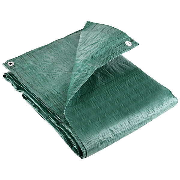 A large folded Green Multi-Purpose Tarpaulin 1.2m X 1.8m with reinforced edges and metal grommets is shown. One corner is folded back to reveal the texture and material of the waterproof tarpaulin, making it perfect for all your gardening and DIY needs.