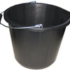 The Builders Bucket Black 14L is a heavy-duty black plastic bucket with a metal handle, featuring gallon and liter measurement markings on the inside and a small spout on one side for pouring. The empty 14L bucket is displayed against a white background.