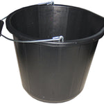 The Builders Bucket Black 14L is a heavy-duty black plastic bucket with a metal handle, featuring gallon and liter measurement markings on the inside and a small spout on one side for pouring. The empty 14L bucket is displayed against a white background.
