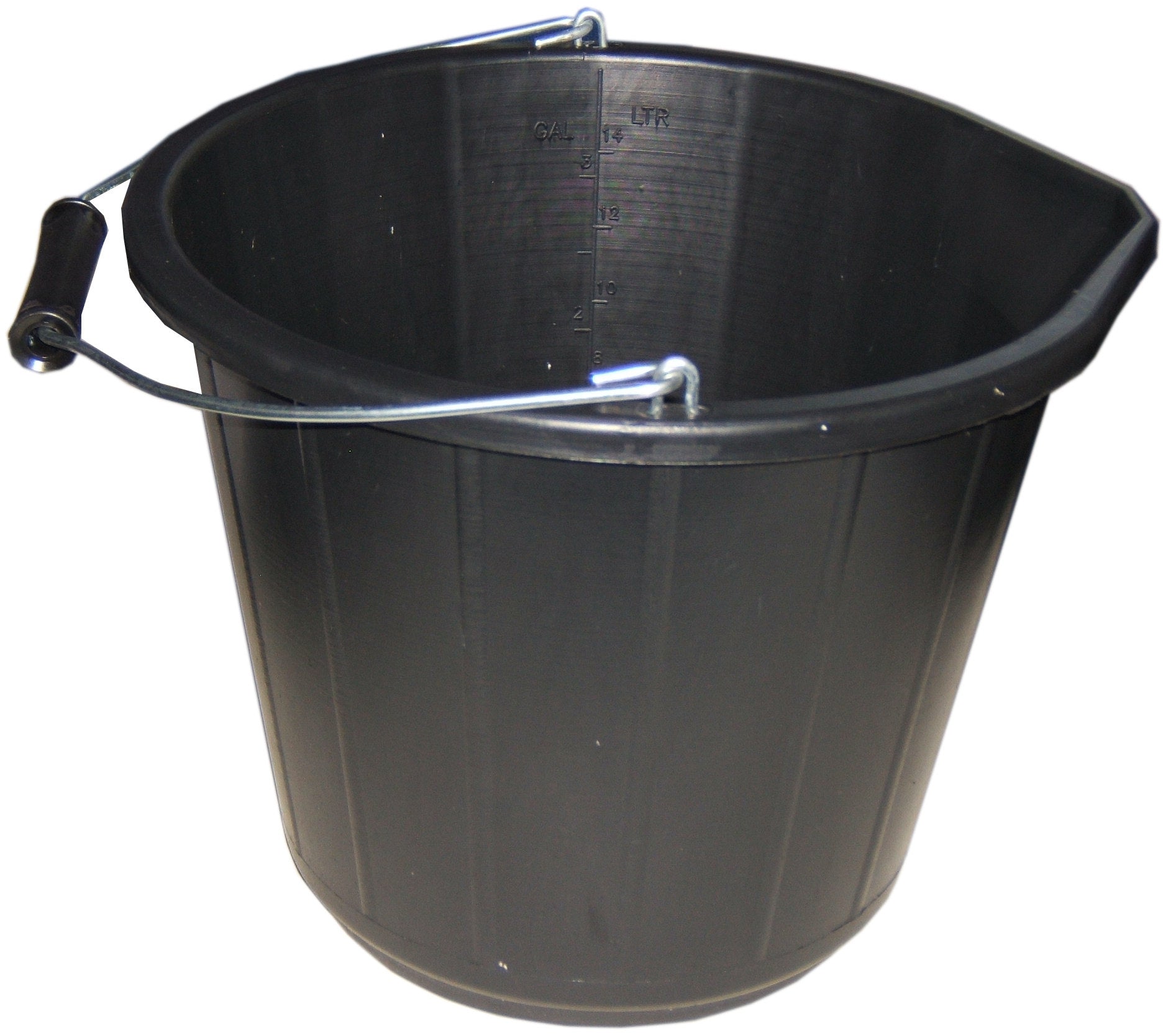 The Builders Bucket Black 14L is a heavy-duty black plastic bucket with a metal handle, featuring gallon and liter measurement markings on the inside and a small spout on one side for pouring. The empty 14L bucket is displayed against a white background.