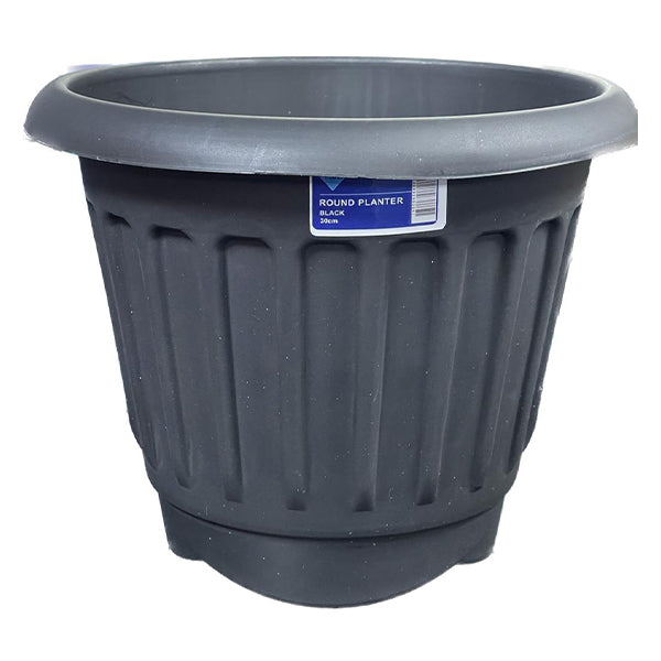A spacious, round planter with a weather-resistant build, a sleek ribbed design, and a slightly flared rim. The label on the Round Ribbed Plastic Planter Black 30cm reads "Round Planter, Black," including its size. The background is plain white.