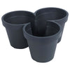 Introducing the Strawberry Planter Black Stackable Plant Pot, a black plastic planter with three connected circular pots designed to hold multiple plants in a single, space-saving unit. Each section of this stackable plant pot is evenly spaced in a triangular arrangement, ensuring each pot has its own separate soil space.