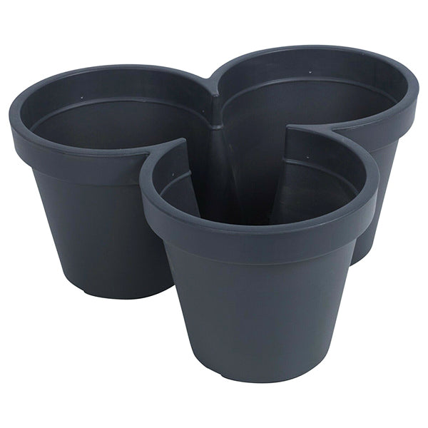 Introducing the Strawberry Planter Black Stackable Plant Pot, a black plastic planter with three connected circular pots designed to hold multiple plants in a single, space-saving unit. Each section of this stackable plant pot is evenly spaced in a triangular arrangement, ensuring each pot has its own separate soil space.