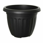 The Round Ribbed Plastic Planter Black 40cm features a wide, flared top rim and vertical grooves along the sides. Made from durable, lightweight plastic, this black planter boasts a simple yet functional design that adds a modern touch to any space while remaining empty.