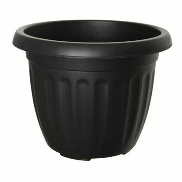 The Round Ribbed Plastic Planter Black 40cm features a wide, flared top rim and vertical grooves along the sides. Made from durable, lightweight plastic, this black planter boasts a simple yet functional design that adds a modern touch to any space while remaining empty.