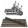 Illustration of three armored figures with spears and shields labeled "The Original Fence Guard." Below them are brown, UV-stabilized Fence Guard Plastic Garden Security Spikes with a cruciform design for optimal fence protection.