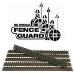 Illustration of three armored figures with spears and shields labeled "The Original Fence Guard." Below them are brown, UV-stabilized Fence Guard Plastic Garden Security Spikes with a cruciform design for optimal fence protection.