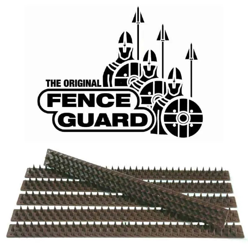 Illustration of three armored figures with spears and shields labeled "The Original Fence Guard." Below them are brown, UV-stabilized Fence Guard Plastic Garden Security Spikes with a cruciform design for optimal fence protection.