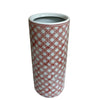 The Red and White Daisy Chain Umbrella Stand is a tall, cylindrical ceramic piece with a smooth finish, featuring a bold geometric red lattice pattern on white—perfect as a striking hallway umbrella holder.