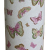 The Ceramic Umbrella Stand, Butterfly Design, is a tall, cylindrical white ceramic stand decorated with pink and green butterflies in different sizes and poses.