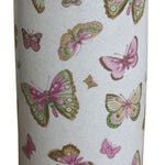 The Ceramic Umbrella Stand, Butterfly Design, is a tall, cylindrical white ceramic stand decorated with pink and green butterflies in different sizes and poses.