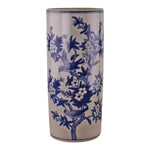 Umbrella Stand, Vintage Blue & White Bird Design: Tall ceramic cylinder features perched birds and blooming branches on a cream background for an elegant, traditional look—ideal as a vintage stick stand.