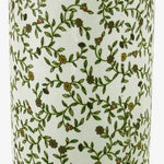 The Umbrella Stand, Vintage Green & White Floral Design, features a tall ceramic cylinder with an intricate green vine and small flower pattern over a white surface, adding a charming floral touch.