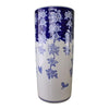 Umbrella Stand, Vintage Blue & White Flowers and Butterfly Design: Tall ceramic vase with a blue top, vintage floral and butterfly patterns, and a white base with blue accents—ideal as a decorative umbrella stand.