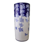 Umbrella Stand, Vintage Blue & White Flowers and Butterfly Design: Tall ceramic vase with a blue top, vintage floral and butterfly patterns, and a white base with blue accents—ideal as a decorative umbrella stand.