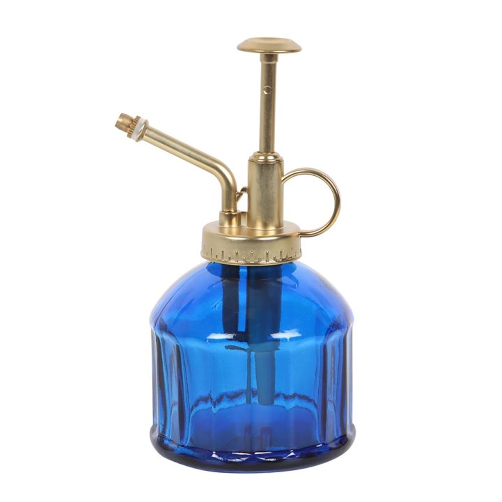 The Small Blue Glass Plant Mister features a gold metal pump and nozzle, ideal for indoor garden enthusiasts. Its cylinder-shaped bottle has a textured surface and a small handle for easy use, adding a charming vintage feel to any space.