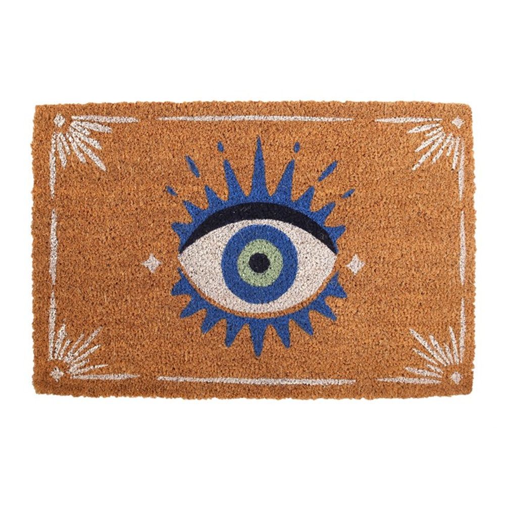 This whimsical home accent, the Natural All Seeing Eye Doormat, features a striking blue iris with radiating blue spikes on a natural brown coir background and white corner designs.