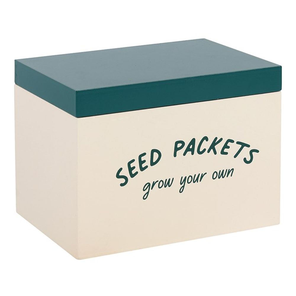 The Seed Packet Storage Box is a beige garden storage container with a green lid, featuring "SEED PACKETS" in bold green letters on the front and "grow your own" in smaller, cursive text below it. Inside, you'll find labeled dividers to keep everything organized.