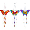 A set of 12 vibrant butterfly suncatchers featuring colorful glass wings and dangling beads, showcased in red, multicolored, and rainbow themes, elegantly hanging against a white background.