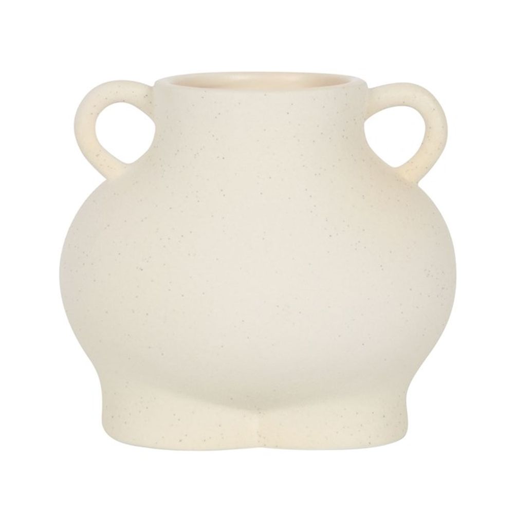 Introducing the Cream Speckle Bum Plant Pot: a cream-colored dolomite piece with a unique rounded and bulbous design, featuring two small side handles. Its subtly textured surface adds charm, making it ideal for those who love quirky home decor.