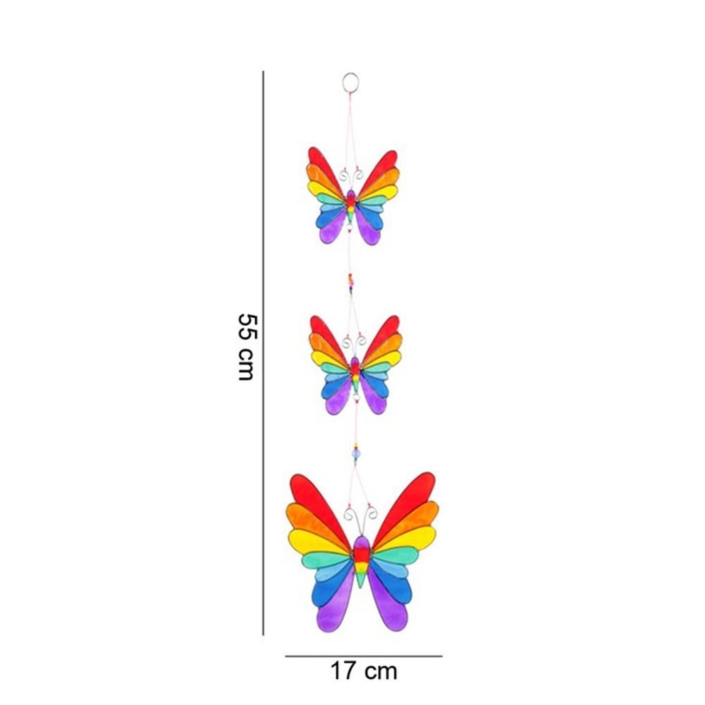 The String Of Butterflies is a vertical hanging decoration with three rainbow-hued butterflies, linked by small hoops. Ethically sourced, it measures 55 cm tall and 17 cm wide, with the largest butterfly at the bottom and smallest on top. It also functions as an exquisite sun catcher.