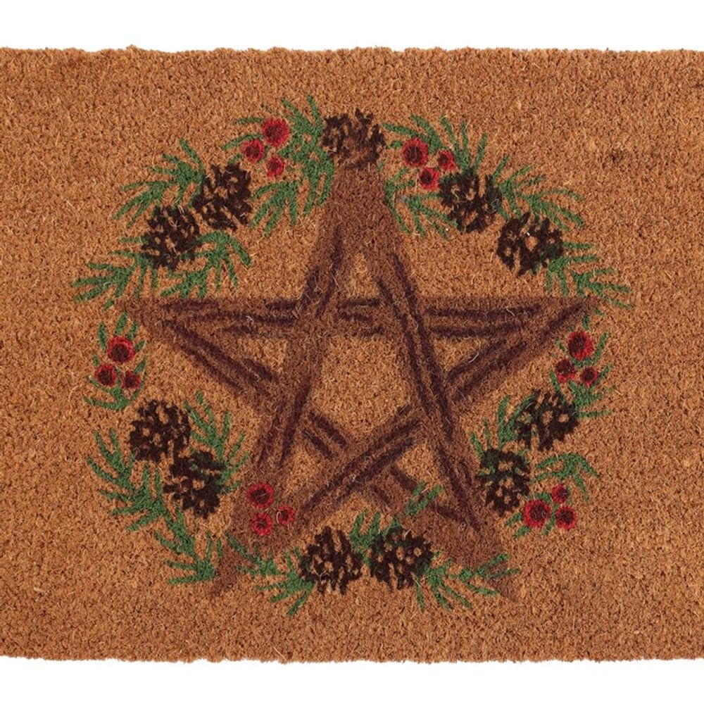 Introducing the Natural Winter Solstice Pentagram Doormat: A coir doormat featuring a rustic pentagram design at its center, encircled by a decorative wreath of pinecones, green fir branches, and red berries—ideal for celebrating the Winter Solstice.