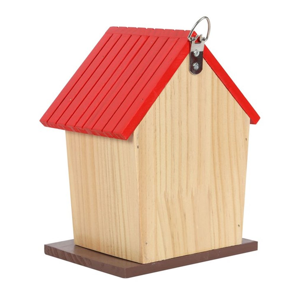 The Garden Robin Bamboo Bird House, featuring a red slanted roof and rectangular base, makes a perfect heartfelt gift. With a metal hook for easy hanging, its light wood displays beautiful grain patterns, making it an enchanting garden accessory.