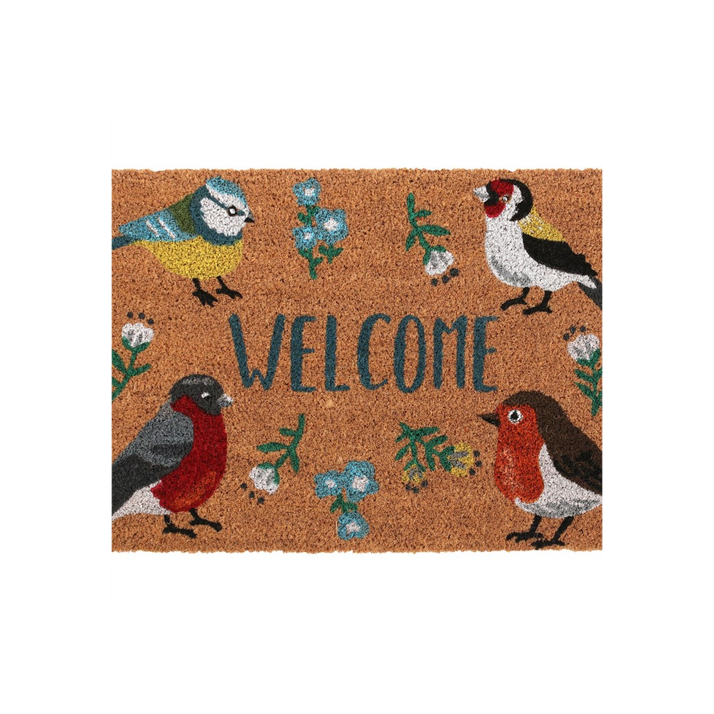 The Natural British Garden Birds Doormat features a cheerful "Welcome" with colorful birds and small blue flowers on a brown background, offering a warm greeting perfect for your entryway.