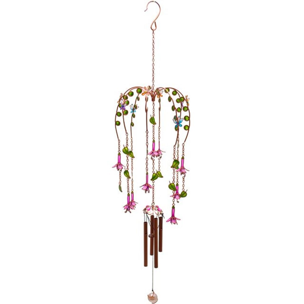The Fuchsia Windchime, a decorative, hand-crafted piece adorned with pink and purple flower ornaments and green leaf accents, elegantly hangs from a hook. Several metal rods and a pendant beneath the flowers form the chiming element. This delicate and colorful design is perfect for both indoor and outdoor display.