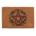 The Natural Winter Solstice Pentagram Doormat features a charming rustic pentagram design made from twigs, embodying the spirit of the Winter Solstice. Encircled by a wreath adorned with pinecones and red berries, it lies on a brown, textured background, creating an inviting welcome to any home.