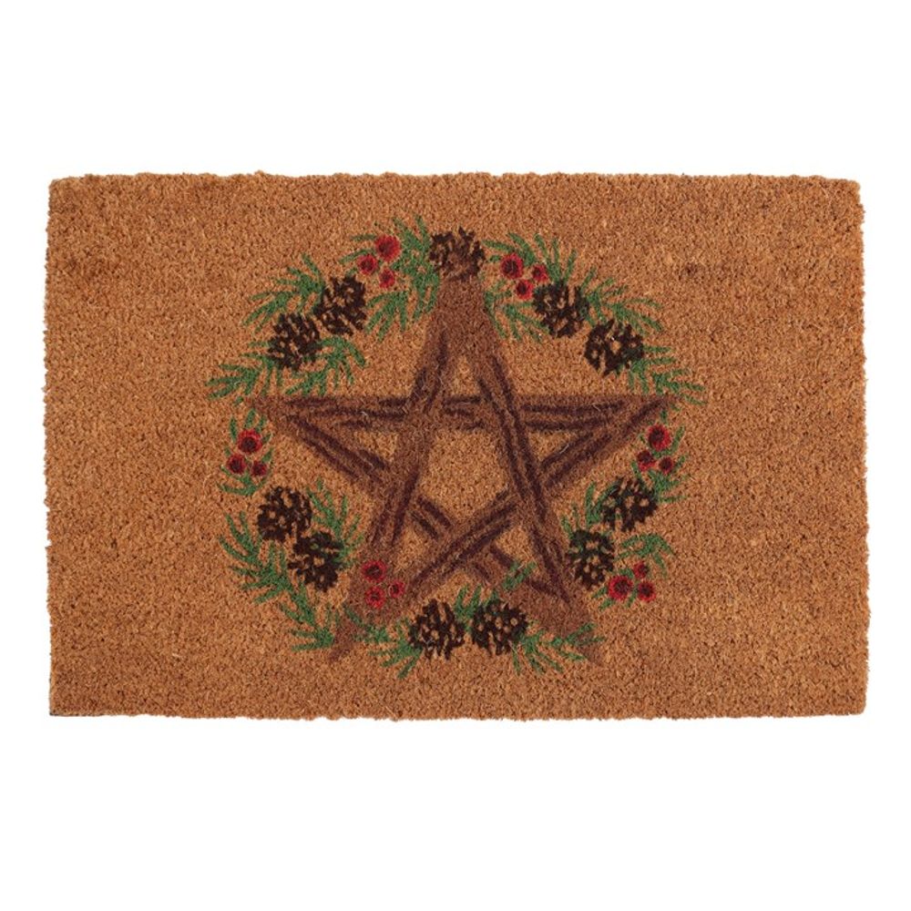 The Natural Winter Solstice Pentagram Doormat features a charming rustic pentagram design made from twigs, embodying the spirit of the Winter Solstice. Encircled by a wreath adorned with pinecones and red berries, it lies on a brown, textured background, creating an inviting welcome to any home.