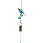 The Blue/Green Hummingbird Windchime showcases vibrant green and blue wings with silver accents and delicate chimes below, ideal for enhancing any outdoor space.