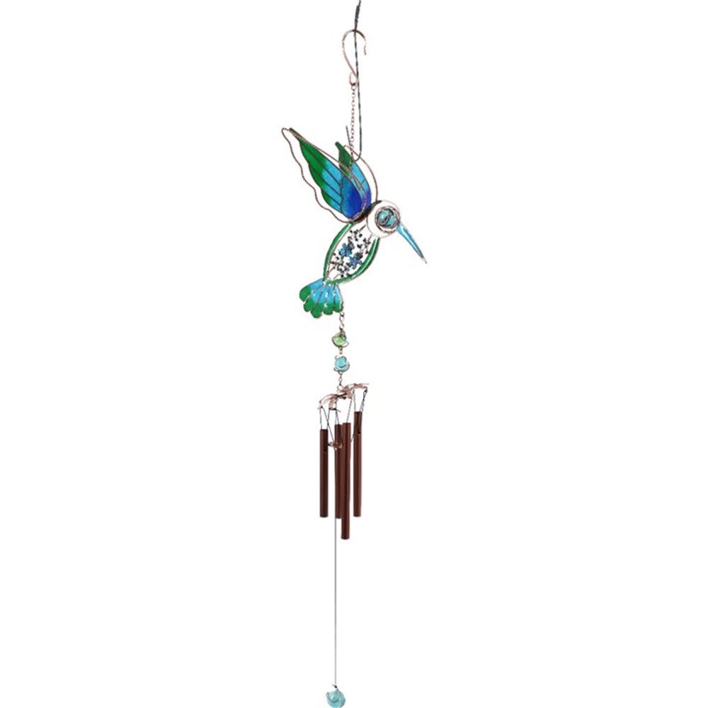 The Blue/Green Hummingbird Windchime showcases vibrant green and blue wings with silver accents and delicate chimes below, ideal for enhancing any outdoor space.