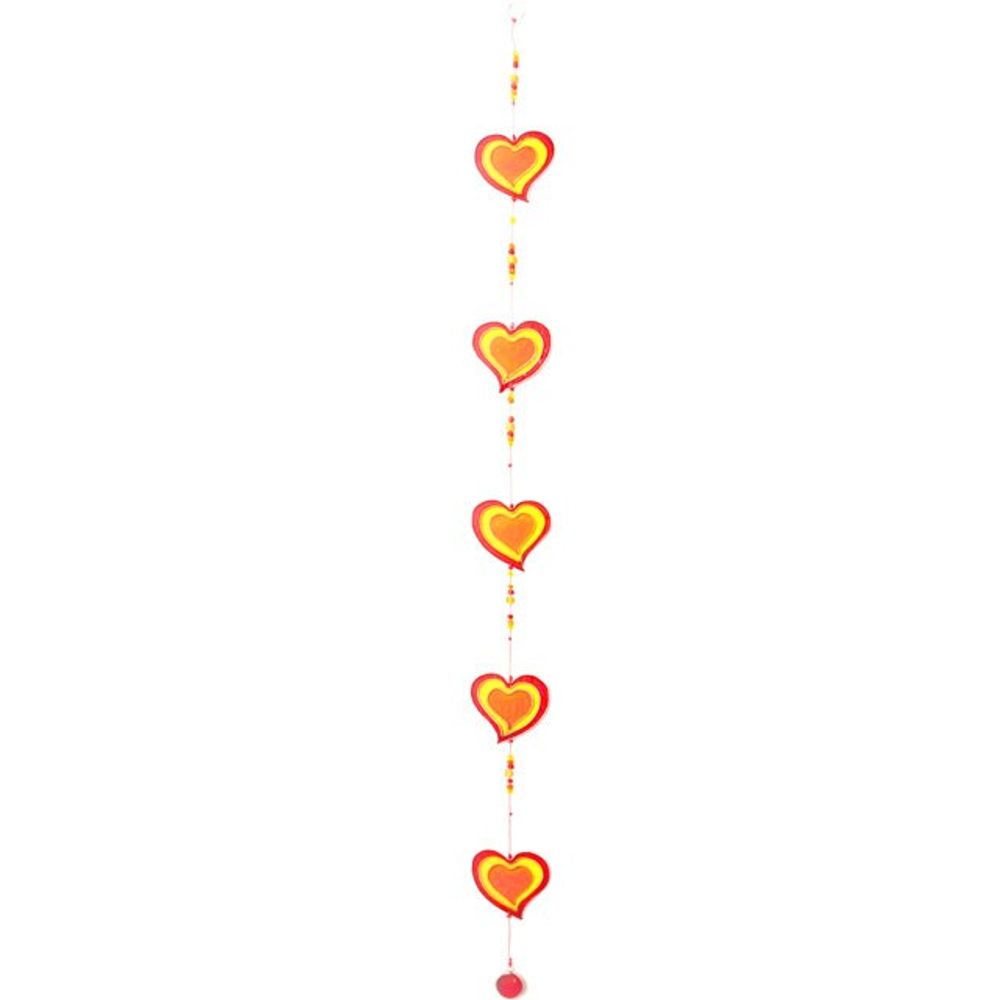 The Red/Yellow String Of Hearts is a vertical hanging decoration with five red hearts bordered in yellow, spaced along a string and accented with tiny orange beads. This ethically sourced piece serves as a delightful suncatcher, casting warm hues across your room when placed in your window.