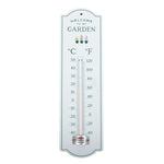 The "Welcome to My Garden Wall Thermometer," featuring floral icons and text, makes a great gift for gardeners. It shows Celsius (-40 to 50) and Fahrenheit (-40 to 120) on a white background, all within a light blue frame.