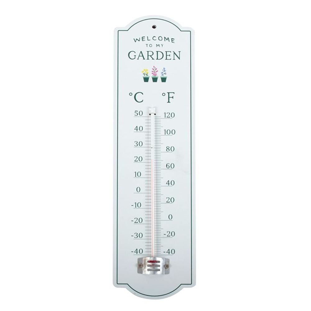 The "Welcome to My Garden Wall Thermometer," featuring floral icons and text, makes a great gift for gardeners. It shows Celsius (-40 to 50) and Fahrenheit (-40 to 120) on a white background, all within a light blue frame.