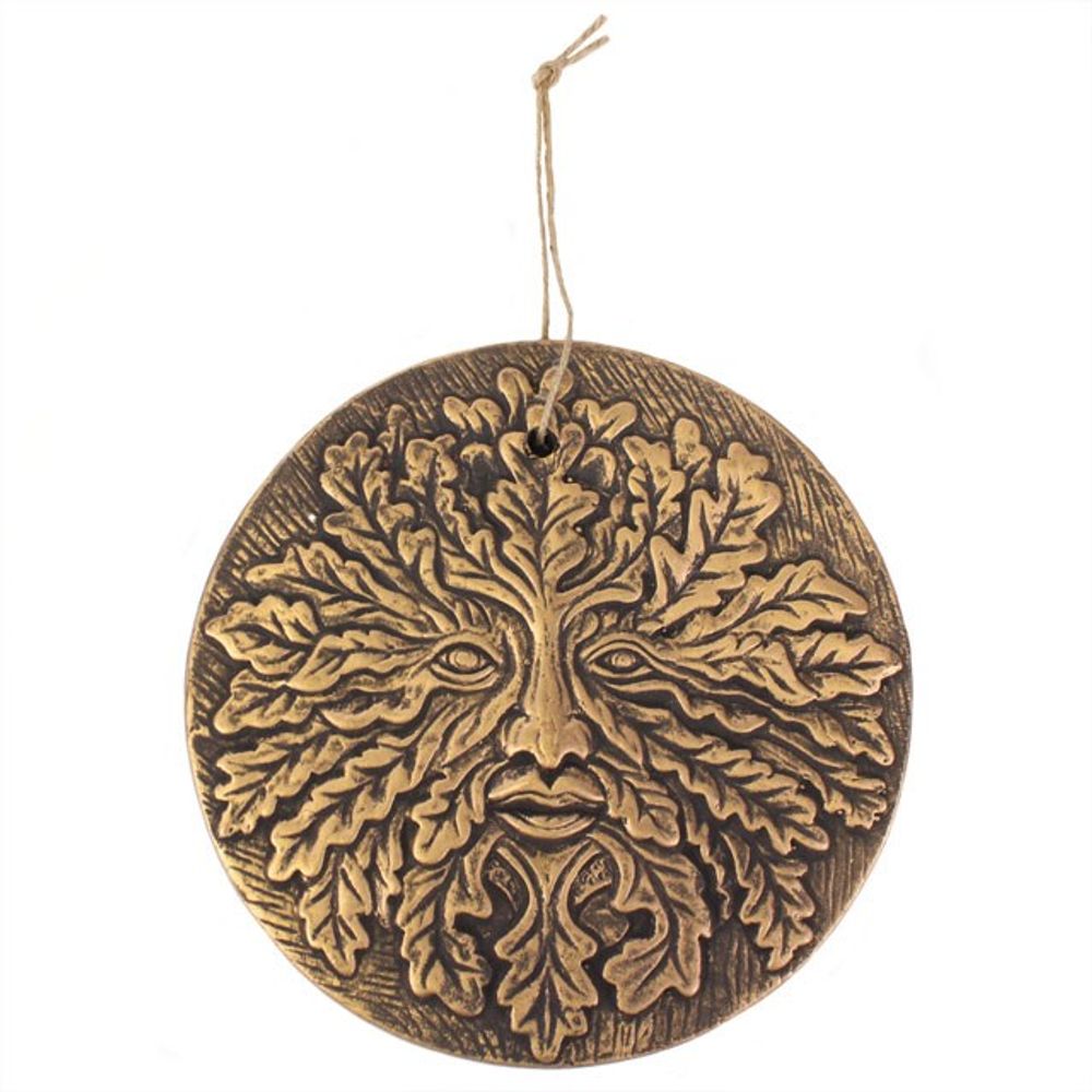 The Bronze Terracotta Green Man Plaque captures the essence of Paganism, featuring a detailed depiction of the Green Man's face surrounded by leaves and foliage. This round, bronze-hued ornament embodies Lisa Parker's mystical artistry and includes a convenient string at the top for easy hanging.