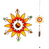 The Orange Sunflower Windchime is a stained glass sun catcher with vibrant red and yellow petals around a central brown orb, featuring colored bead details. It sways serenely in the breeze and catches the light while hanging from a discreet hook.