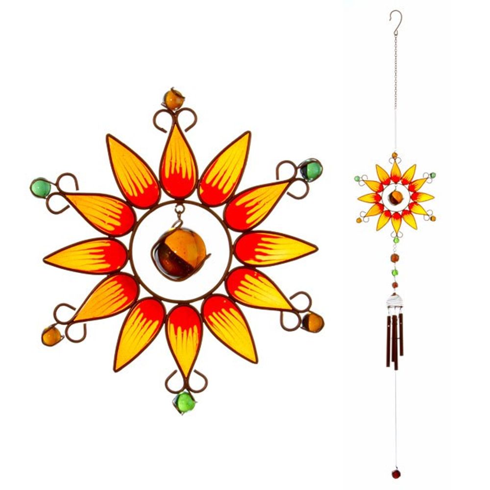 The Orange Sunflower Windchime is a stained glass sun catcher with vibrant red and yellow petals around a central brown orb, featuring colored bead details. It sways serenely in the breeze and catches the light while hanging from a discreet hook.
