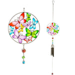 Introducing the Circle Butterfly Windchime, a hand-crafted piece that showcases a circular butterfly design with vibrant butterflies in shades of red, purple, green, pink, blue, and yellow. Ethically sourced beads in red, blue, and green dangle below the frame alongside three thin chime rods.