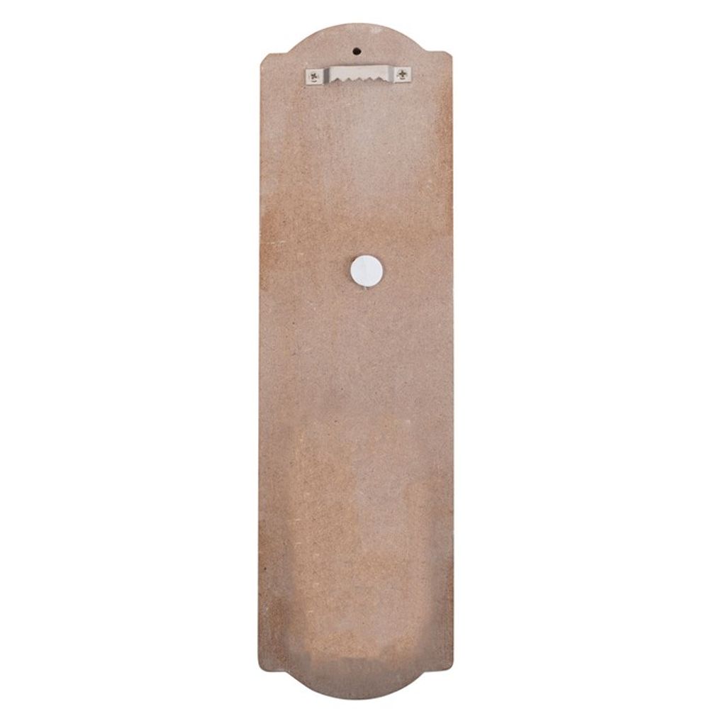 The image displays the back of the captivating "Welcome to My Garden Wall Thermometer," ideal for gardeners. It includes a top sawtooth hanger and central round peg, with wood in a natural brown finish.